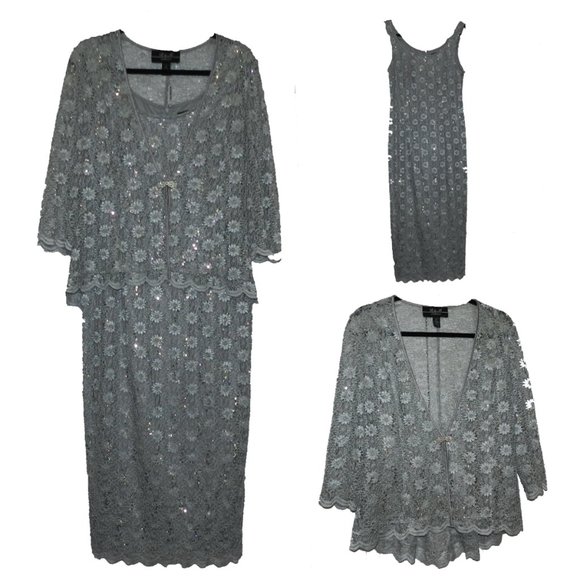 R & M Collection Dresses & Skirts - 2 Piece Silver Lace and Sequin Sleeveless Maxi Dress with Jacket Size 10